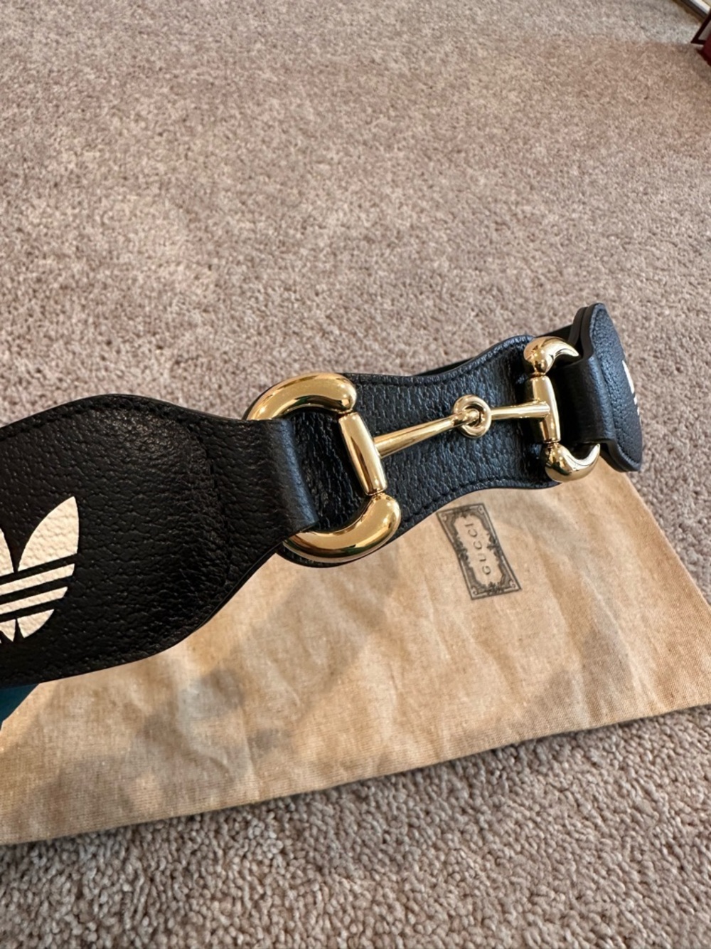 ADIDAS X GUCCI Black Leather Belt with Gold Horsebit & Trefoil Logos Size 80/32 - Picture 3 of 11